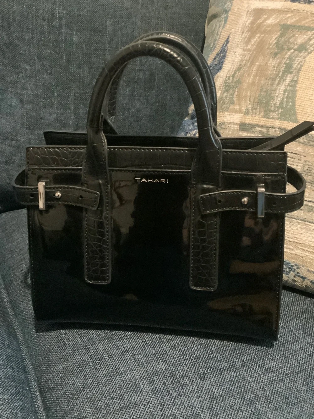 Tahari Black Patent Croc-Trim Satchel